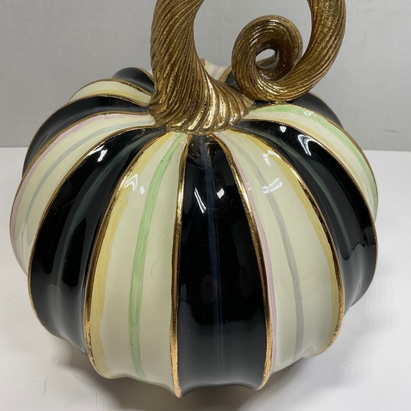 MacKenzie-Childs Black Cream Gold Striped Pumpkin 8 Inch  Fall Decor
